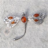 (AMB4) Silver & Amber Dragonfly Brooch/Pendant