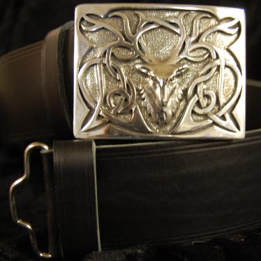 Black Italian Kilt Belt, shiny stag Buckle