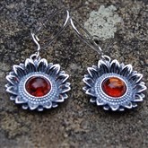(AED34) Silver And Amber Sunflower Earrings
