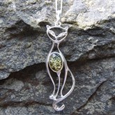 (AP51) Silver And Green Amber Cat Pendant