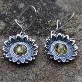 (AED35) Silver And Green Amber Sunflower Earrings