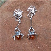 (AES15) Silver Spider & amber Earrings