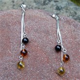 (AED41) Silver And Amber Tri Bead Earrings
